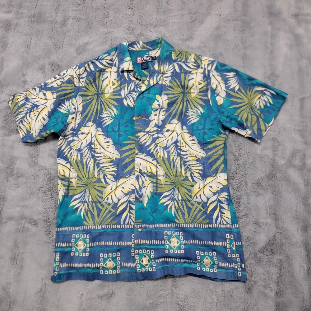 Vintage Chaps Ralph Lauren Shirt Mens Large Blue Tropical Hawaiian Loop Collar
